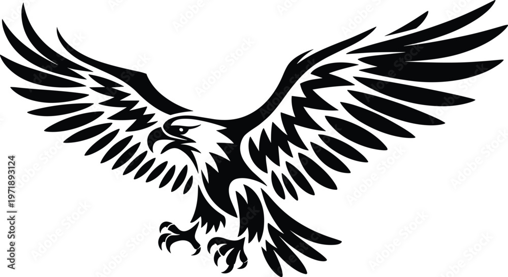 Fototapeta premium Majestic eagle silhouette with spread wings and sharp talons, detailed black bird of prey vector illustration isolated on white background for logo design