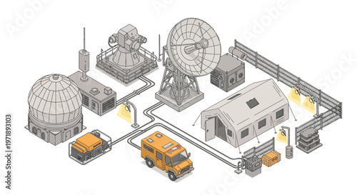 Isometric illustration of a military naval base featuring a dockyard defense base pier with patrol boats, service cranes, radar, and storage, set against a clean white background