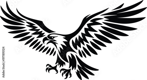 Majestic eagle silhouette with spread wings and sharp talons, detailed black bird of prey vector illustration isolated on white background for logo design