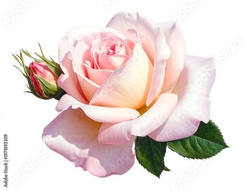A light pink rose with a bud and green leaves on a white background