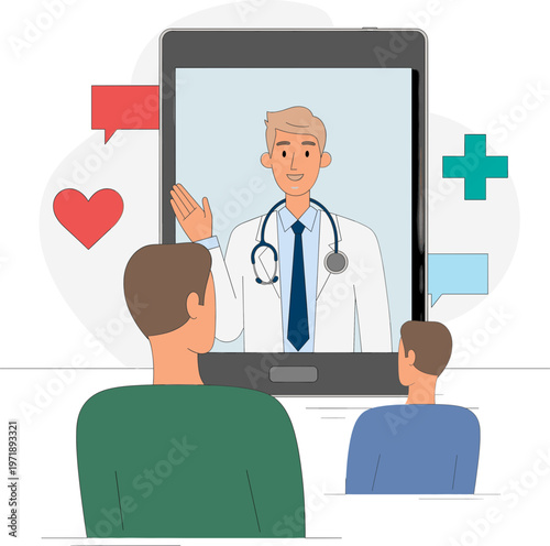 Doctor consultation via video call on tablet screen for remote medical assistance and patient care