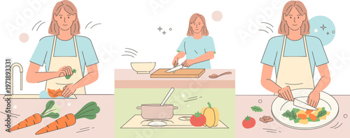 A multi-step illustration of a woman preparing a healthy homemade meal, from washing fresh vegetables and chopping ingredients to finally plating a nutritious dish