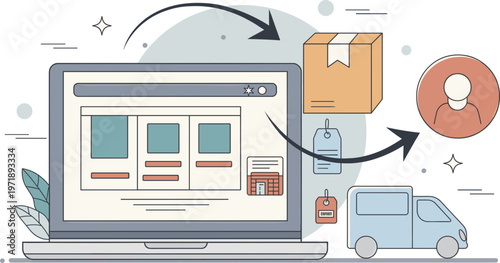 Streamlined e-commerce process illustration, showing online ordering through a laptop, secure payment, logistics, and efficient delivery from an online store to the customer