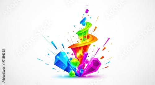A colorful, abstract illustration of a rainbow-colored crystal with a hat and a rainbow-colored gemstone, set against a white background with a gradient effect.