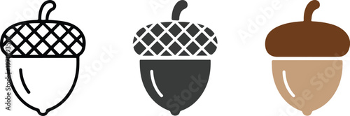 Minimalist acorn nut vector icon set featuring thin line outline silhouette and flat brown color styles for autumn forest and nature branding.