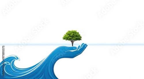 A tree growing out of a hand, with a wave in the background, set against a white background.