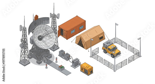Isometric vector art showcases a military naval base illustration with patrol boats, service cranes, radar, and storage, all rendered in a 3D design against a clean white background
