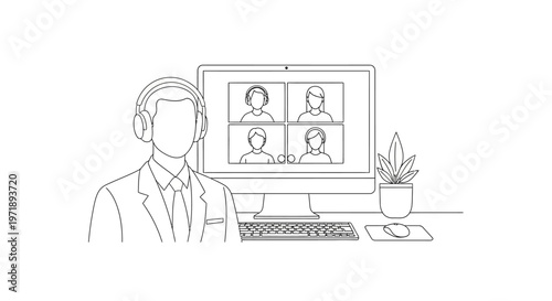 Man Wearing Headset in Video Conference.