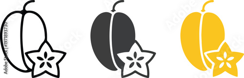 Minimalist starfruit carambola vector icon set featuring line art silhouette and flat yellow color styles for exotic tropical fruit food branding.