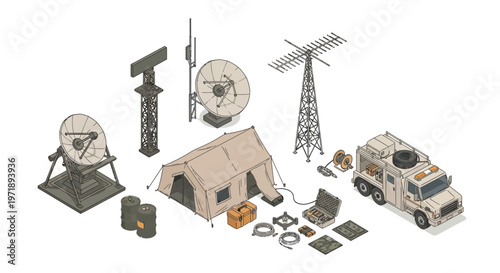 Isometric vector illustration showcasing a military command pier and dockyard defense base, complete with radar, storage, and service cranes, presented with a 3D design and strong lines