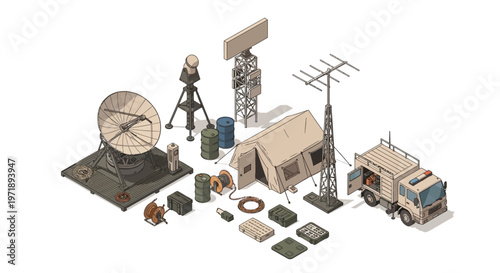 Isometric vector illustration depicting a military dockyard defense base with a radar system and storage components, showcasing a 3D design against a clean white background in a neutral