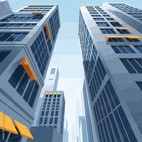 Looking up at towering modern skyscrapers from a low angle perspective.