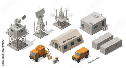 Isometric vector illustration of a military dockyard defense base depicting radar systems, storage containers, service cranes, and patrol boats against a clean white background, rendered