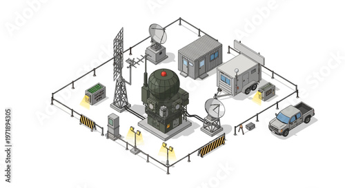 Isometric vector illustration displays a military command pier with radar and service cranes, including patrol boats and storage within a dockyard defense base on a white background