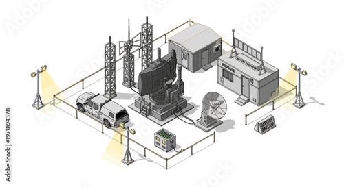 Isometric vector illustration of a military naval base showing a dockyard defense base pier with service cranes and radar equipment, rendered in a clean, detailed style against a bright