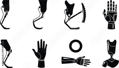 Prosthetic limb and robotic hand icons set, modern medical bionic devices collection, vector silhouettes for healthcare, rehabilitation, biomechanics, and assistive technology design projects
