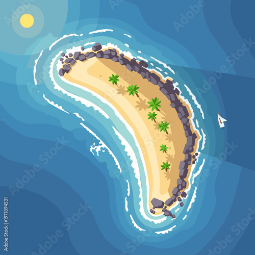 Aerial view of a small, crescent-shaped tropical island with palm trees and a sandy beach surrounded by blue ocean waves.
