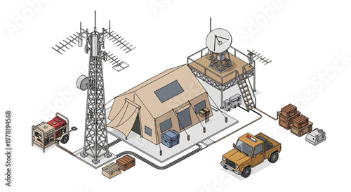 Isometric vector illustration showing a military naval base with a dockyard defense pier, command pier, patrol boats, radar, storage, and service cranes in a strong 3D design
