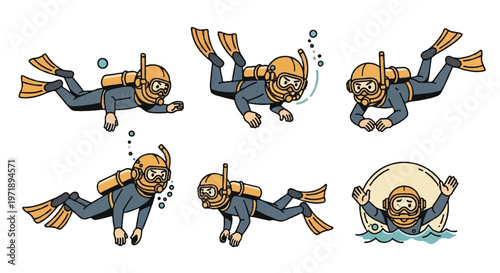 Diver in various poses vector illustrations isolated