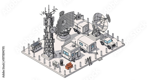 Isometric vector illustration showing a military dockyard defense base featuring a command pier and service cranes, the design rendered in a neutral color palette against a clean white