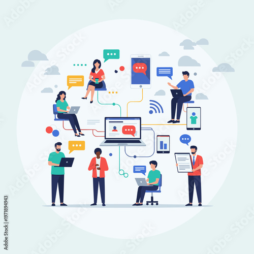 Illustration of people connected through technology, sharing information and communicating digitally.