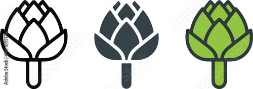 Minimalist artichoke vegetable vector icon set featuring thin line outline silhouette and flat green color styles for healthy organic food branding.