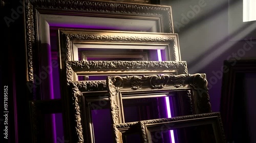 Stacked ornate picture frames illuminated by light