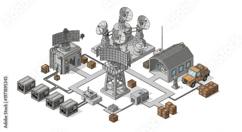 Isometric vector illustration depicts a military port with a dockyard defense base, showcasing service cranes, radar installations, and storage facilities connected by pathways, with a 3D