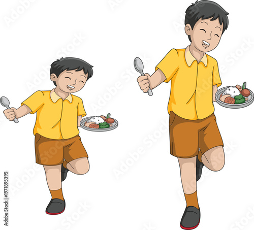 Happy school boy character running with food plate and spoon, healthy lunch vector illustration set