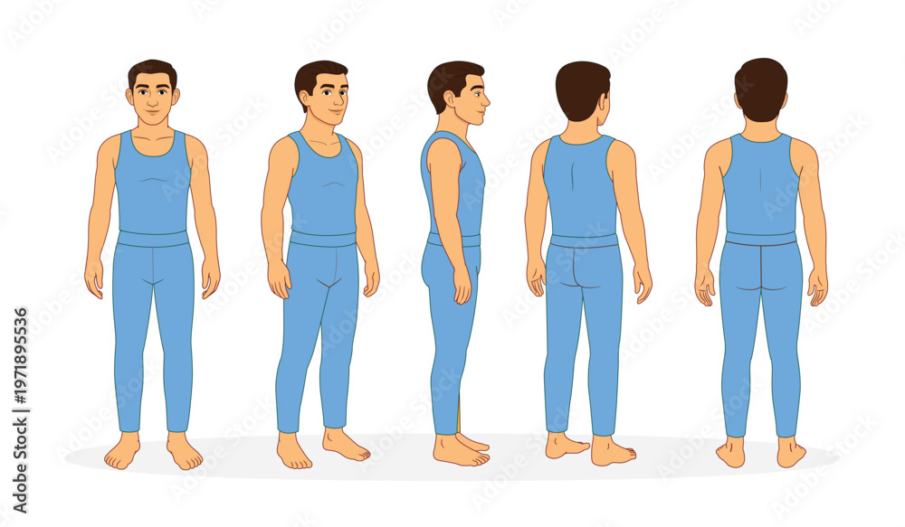Obraz premium Male Character Turnaround Sheet with Multiple Views – Front, Side, Back Cartoon Character Template. Animated Male Character Turnaround Sheet. Cartoon Male Character Turnaround.