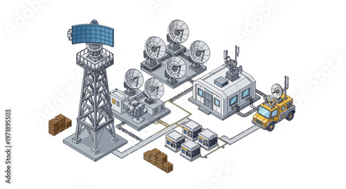 Isometric vector illustration of a military dockyard defense base pier featuring service cranes, radar, and storage, presented with a clean, minimalist design against a white background