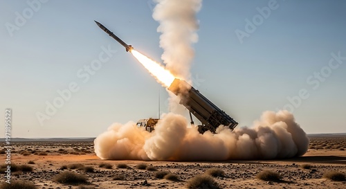Missile launcher firing rocket from desert ground with heavy smoke and dust cloud, captured in action under clear sky, suitable for military operations, defense technology and tactical visuals