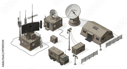 Isometric illustration presents a detailed military naval base with radar, storage facilities, service cranes, and patrol boats, all rendered in a clean, vector style against a neutral
