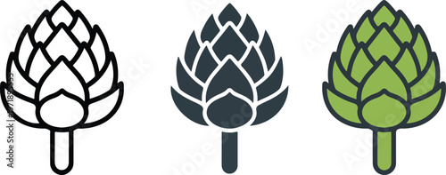 Minimalist artichoke vegetable vector icon set featuring thin line outline silhouette and flat green color styles for healthy organic food branding.