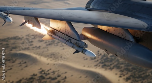 A military jet aircraft launching a missile with fiery exhaust over a desert landscape.