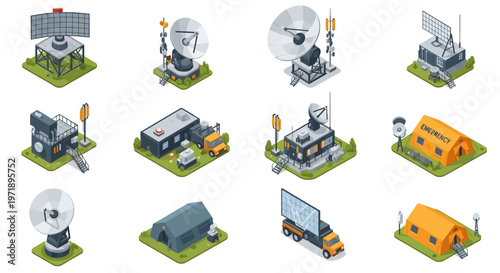 Isometric vector design of a military dockyard defense base featuring a command pier with patrol boats, radar, storage, and service cranes, rendered in a 3D isometric style against a clean