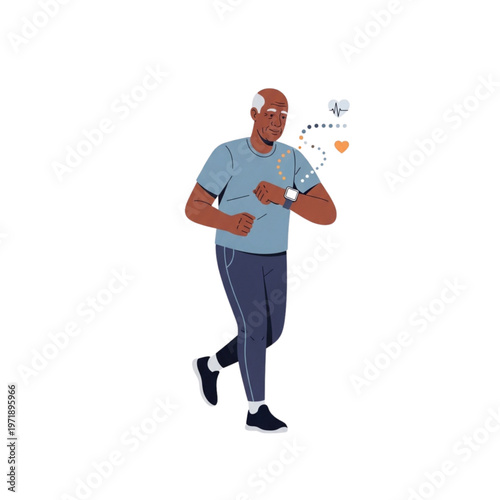 senior man using smartwatch fitness tracker heart rate health monitoring illustration