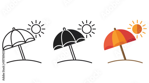 Beach umbrella icon. Vacation symbol. Sun and sea beach vector illustration. Holiday travel sign. Seaside sand coast. Sunshade pictogram. Resort relaxation trip. Summer relax tour journey. Sun parasol