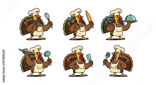 Cartoon turkey chef characters with cooking utensils and trays isolated