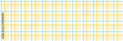 Hand-drawn seamless plaid pattern with yellow and blue watercolor strokes on a white background. Simple checkered textile design for spring and summer decor.
