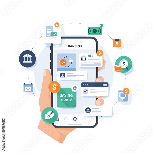 Illustration of a hand holding a smartphone displaying a banking application with various financial icons and elements surrounding it.