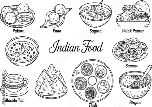 Indian food doodle set with biryani, samosa, thali, and masala tea, hand drawn vector line art