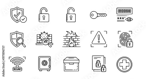 Stylized security safety thin line editable stroke icon set EPS10 isolated on white