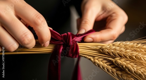 Hands tying wheat with red ribbon.