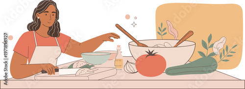 Joyful woman preparing a fresh, healthy salad in her kitchen, cutting vegetables on a board, embodying a lifestyle of nutritious homemade meals and mindful eating