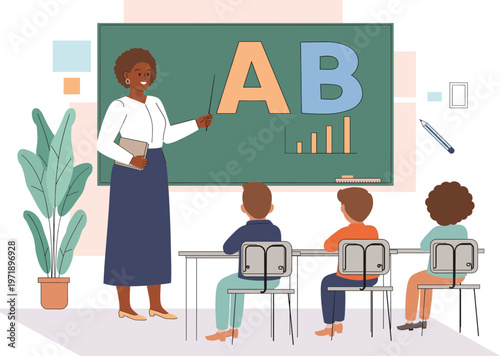 A Woman Teacher Instructs Students in a Classroom with the Alphabet 'A' and 'B' Displayed on a Chalkboard
