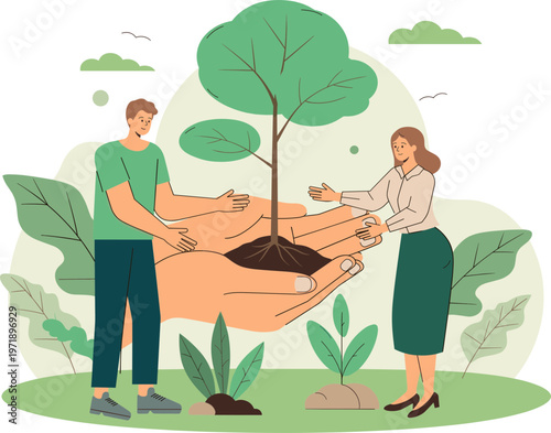 People caring for a tree sapling growing from hands in soil, symbolizing environmental protection and growth