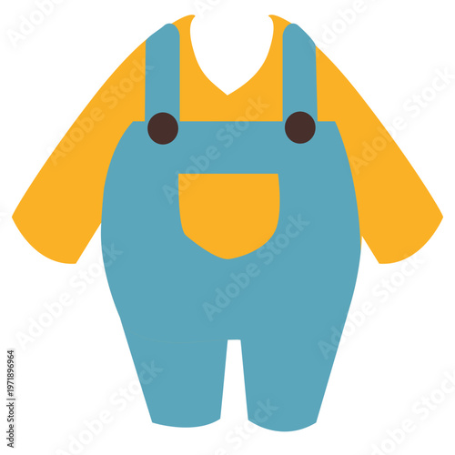 Flat illustration kids overalls outfit with bright colors, simple design, clean shapes, isolated on white background, representing playful clothing fashion concept.
