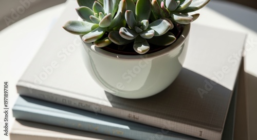 Succulent plant on stack books desk.