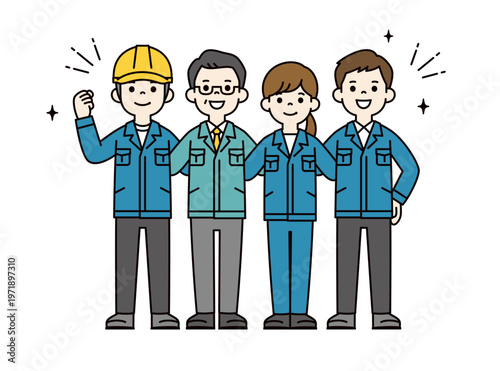 肩を組む、チームで頑張る、製造業・建設業の従業員・社員・経営者の全身ベクターイラスト素材
